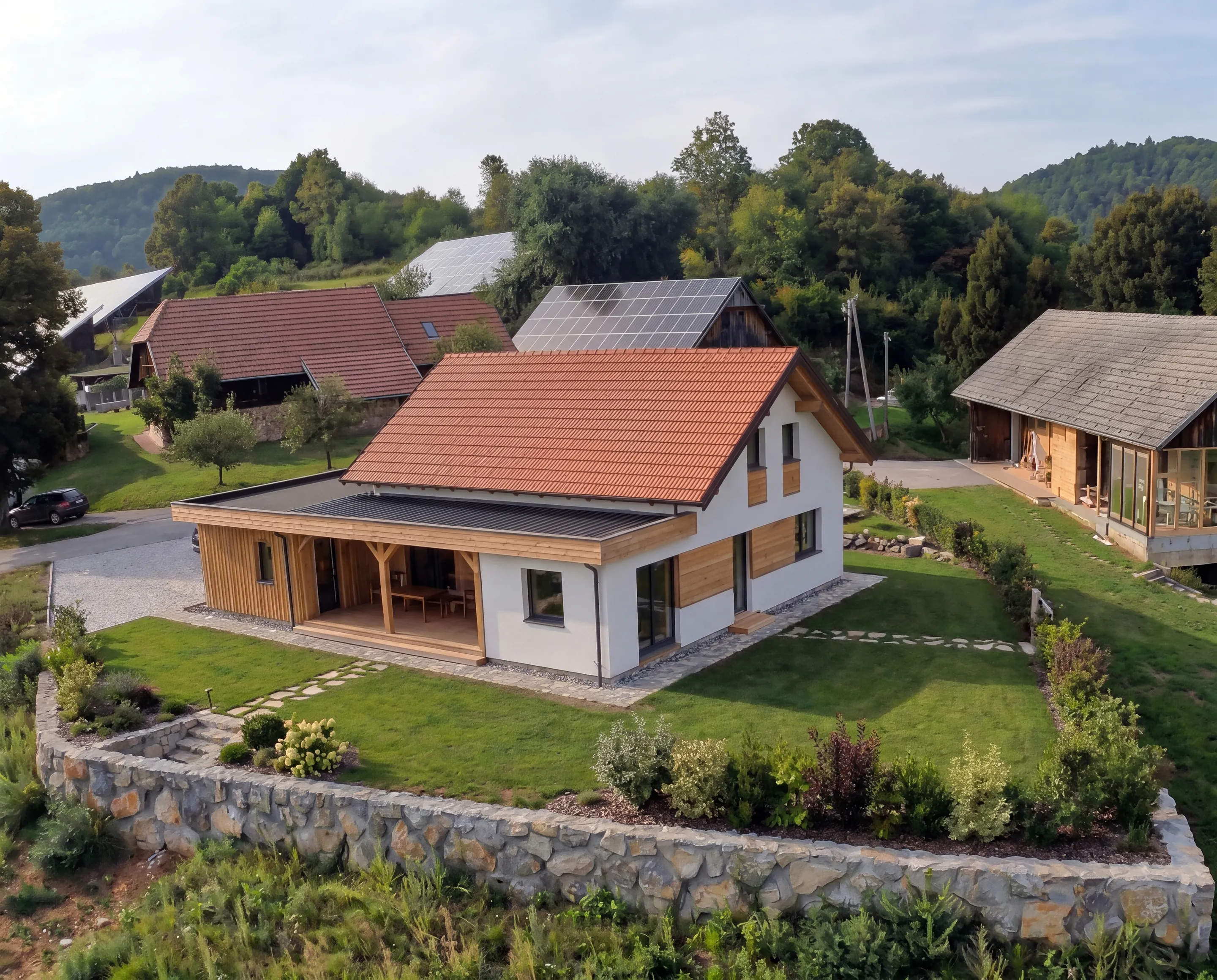 Dokončana montažna hiša, pogled iz zraka